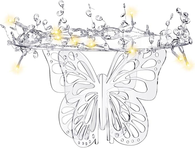 Lineshading 12 Butterfly Cake Stand Acrylic Lighted Cake Holder Acrylic Serving Platter with String Lights Water Drop Diamond String Cupcake Stand Round for Wedding Birthday Dessert Table