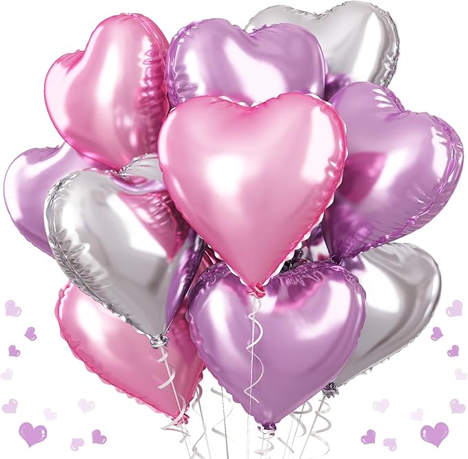 Pink Purple Foil Heart Balloons, 18 Inch 12Pcs Lavender Purple Pink and Silver Heart Shape Foil Balloons, Light Violet Purple Helium Balloon for Girls Women Birthday Wedding Valentines Butterfly Party
