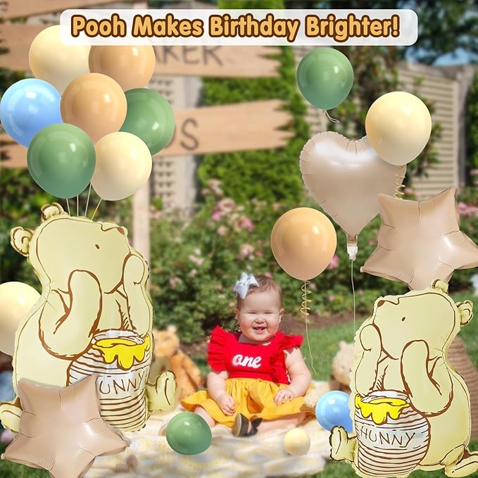 Classic Winnie Bear Baby Shower Birthday Decorations Balloons, 3D Vintage Original Pooh Bear Helium Balloons with Heart Star for Boys Girls Baby Shower Birthday Gender Reveal Large 23Inch