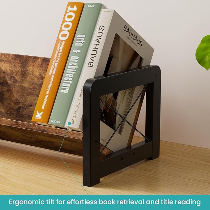ELITEROO Desktop Bookshelf Organizer, Wood Slanted Desk Bookshelf, Small Tabletop Book Rack, Portable Mini Bookcase for Book Display, Cookbooks, Kids Reading, Office & Home Storage, Rustic Brown