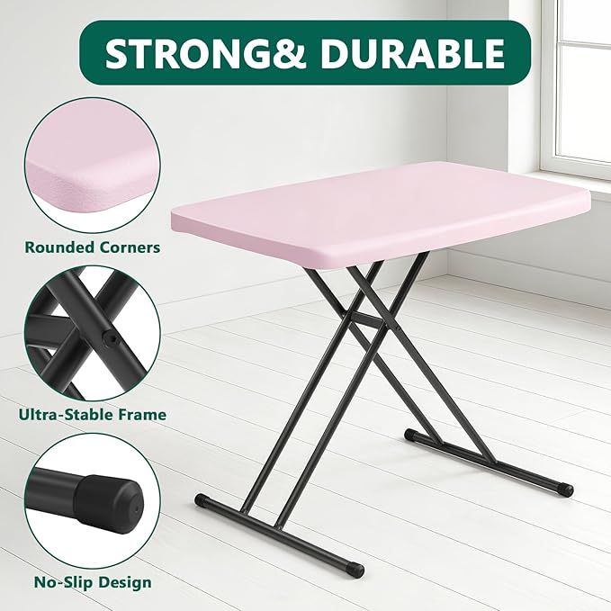 Folding Table 30 Inch - 2Pack,Small Desk Adjustable Height TV Tray for Laptop, Couch, Camping - Heavy Duty Utility Foldable Table for Small Spaces, No Assembly Required, Pink Granite