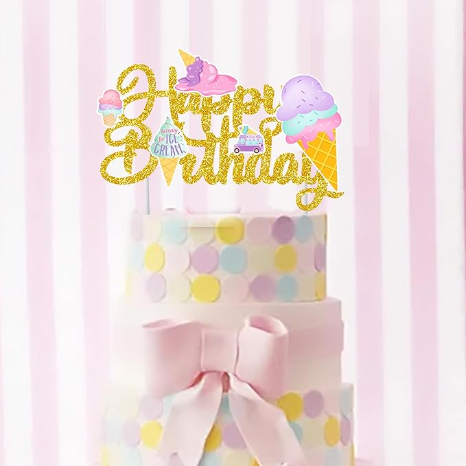 Birthday Cake Topper Decorations - Glitter Summer Ice Cream Party Decorations - Colorful Ice Cream Themed Kids Birthday Party & Baby Shower Supplies