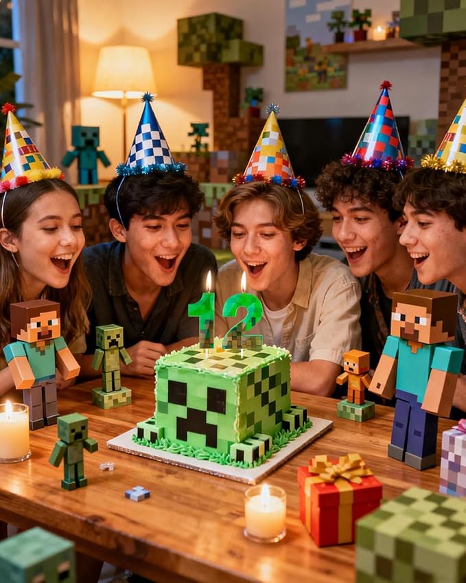 Pixel Birthday Candle, 2.68 Inch Miner Number Candles, Game Themed Candle Birthday Decoration for Pixel Theme Birthday Anniversary Dynamite Video Game Party (Green, 12)