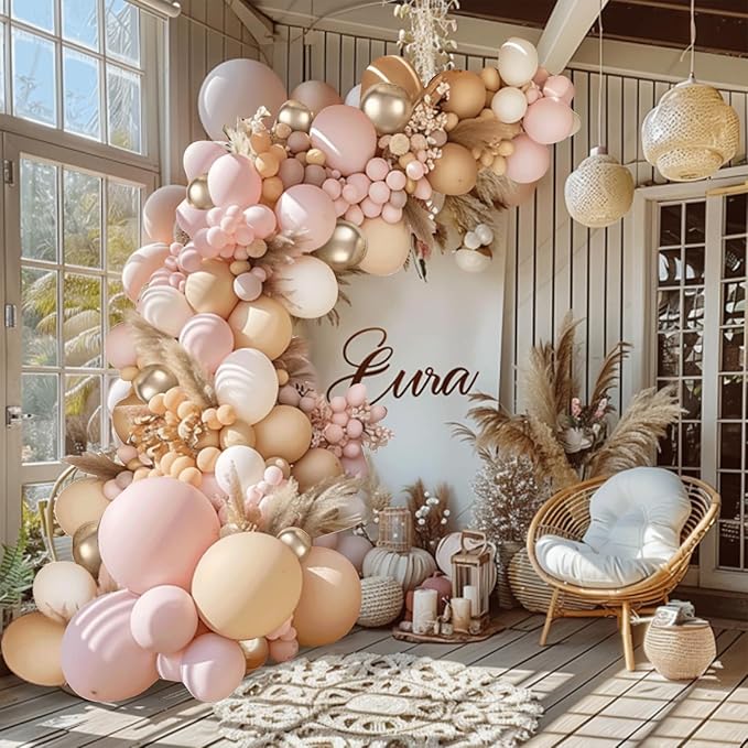 Dusty Pink White Nude Balloon Arch Kit, Pink and Gold Balloons With Light Pink White Nude Champagne Gold Balloons for Valentines Day Boho Engagement Wedding Bridal Shower Birthday Decorations