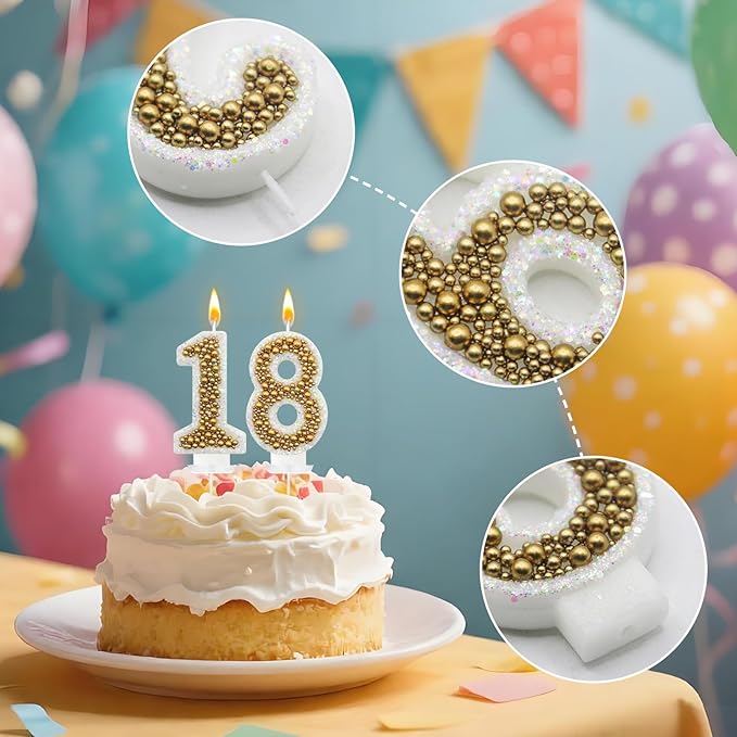 18 Birthday Number Candle for Cake, Glitter Number Candle with Gold Beads, Decorative Cake Topper for Milestone Celebrations