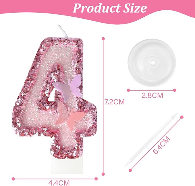 4th Birthday Candles，Glitter Butterfly Cake Toppers Pink Sequins Wedding Numeral Cupcake Decorations，Suitable for Girl and boy Wedding Cakes, Party Celebrations, Birthday Decorations