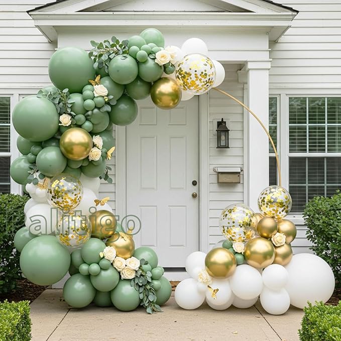 Green Balloon Garland Kit with Sage and Olive Balloons - 112pcs Sage Green Balloons with Gold Butterfly for Weddings, Baby Showers, Birthdays, and Jungle/Tropical Theme Decorations