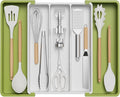 Lifewit Utensil Organizer for Kitchen Drawers, Expandable Cooking Utensil Tray, Adjustable Cutlery Silverware Flatware Holder, Plastic Spatula Tools Storage Divider, 13-22 x 15", Green&White