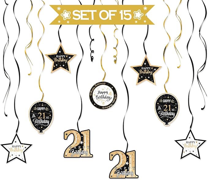 Happy 21st Birthday Black & Gold Glitter Swirls Streamers Party Decorations - 15 Pcs 21st Birthday Hanging Swirls Streamers Kit,Perfect for 21st Bday Party Sign.