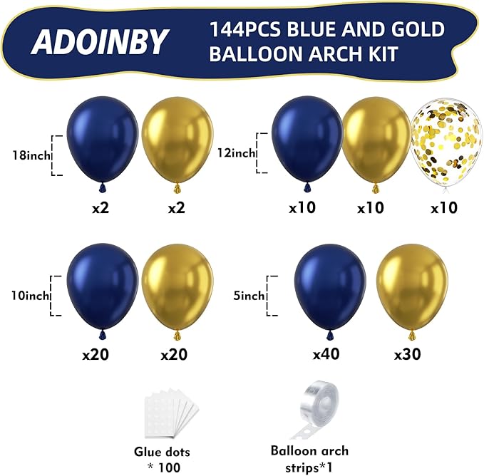 Blue and Gold Balloon Arch Kit, ADOINBY 144Pcs Navy Blue Metallic Gold Latex Balloon Garland kit, 18 12 10 5 Inch Different Size Balloons for Graduation Birthday Anniversary Party Decorations