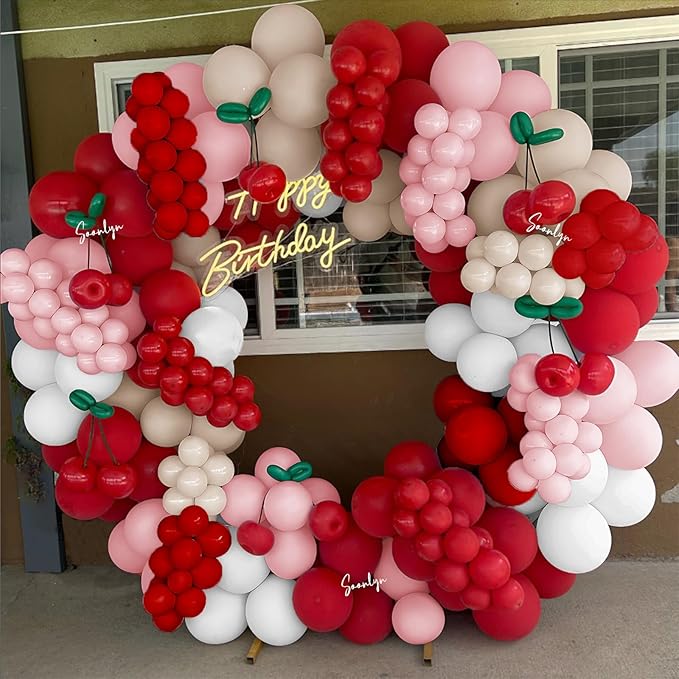 Soonlyn Cherry Balloons Arch kit, 200Pcs Cherry Birthday Decorations Red Pink White Balloons for Shes the Cherry on Top Decorations, Bridal Shower