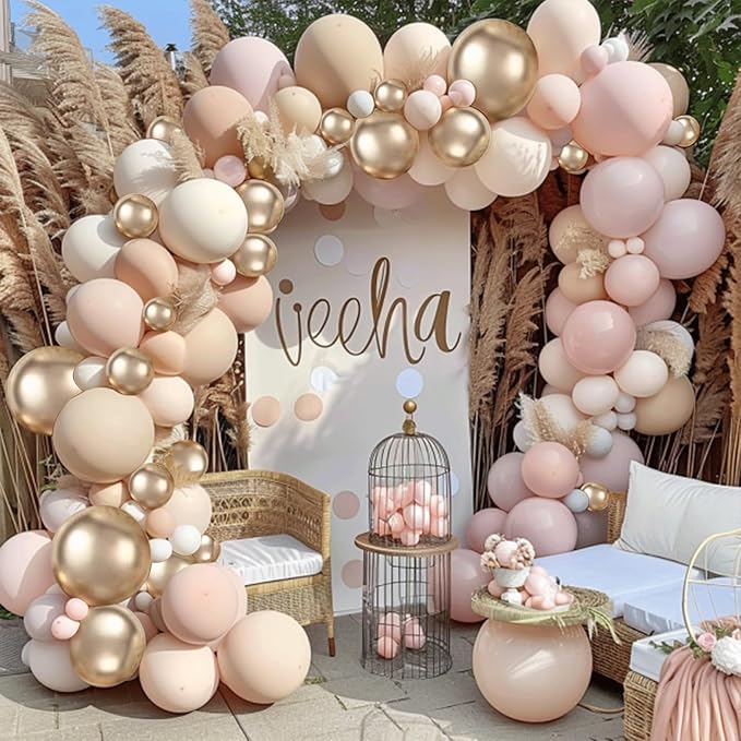 Dusty Pink White Nude Balloon Arch Kit, Pink and Gold Balloons With Light Pink White Nude Champagne Gold Balloons for Valentines Day Boho Engagement Wedding Bridal Shower Birthday Decorations