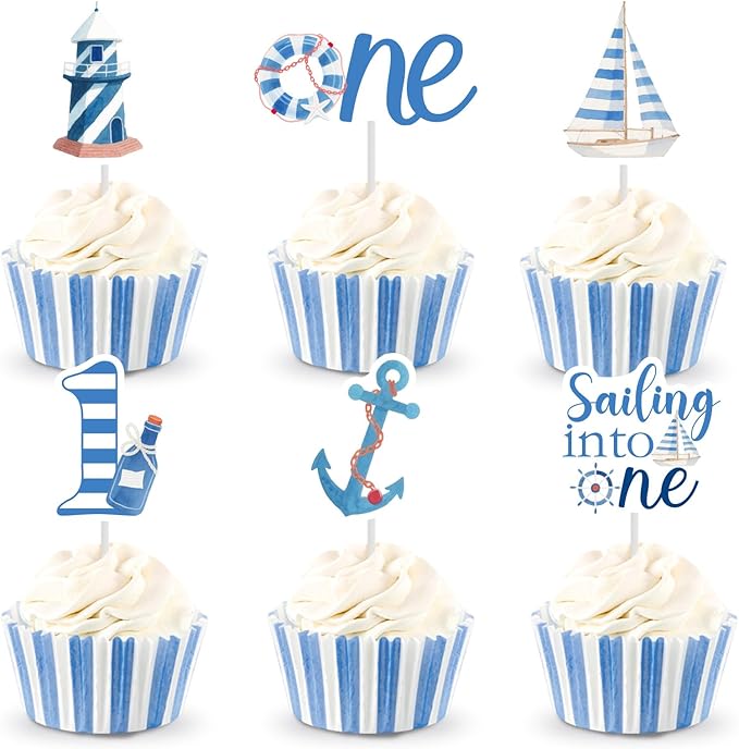 24pcs Nautical 1st Birthday Cupcake Topper Nautical First Birthday Decorations Sailing Into One Party Decoration Ocean Sailor Lighthouse Boat Anchor Party Cake Decoration for Little Captain