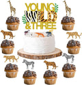 Sursurprise Young Wild & Three Cake Topper Jungle Animals Cupcake Toppers, Safari Jungle Animal Print Happy 3rd Birthday Cake Decor, Third Birthday Party Decorations 25 Pack