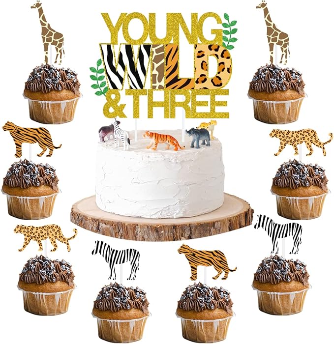 Sursurprise Young Wild & Three Cake Topper Jungle Animals Cupcake Toppers, Safari Jungle Animal Print Happy 3rd Birthday Cake Decor, Third Birthday Party Decorations 25 Pack