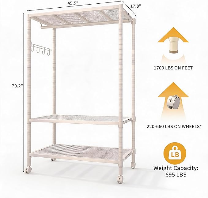 Rolling Clothes Rack, 3-Tier Adjustable Garment Rack with Hanging Rod and Side Hooks, Freestanding Clothing Rack with Wheels, Portable Clothes Rack for Bedroom, Laundry Room and Closet, White