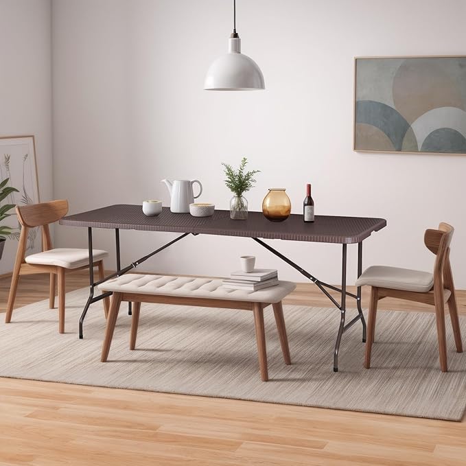 ZENY 6ft Portable Folding Table Plastic Indoor Outdoor Picnic Party Camp Dining Table with Handle (Brown, 71" x 27")