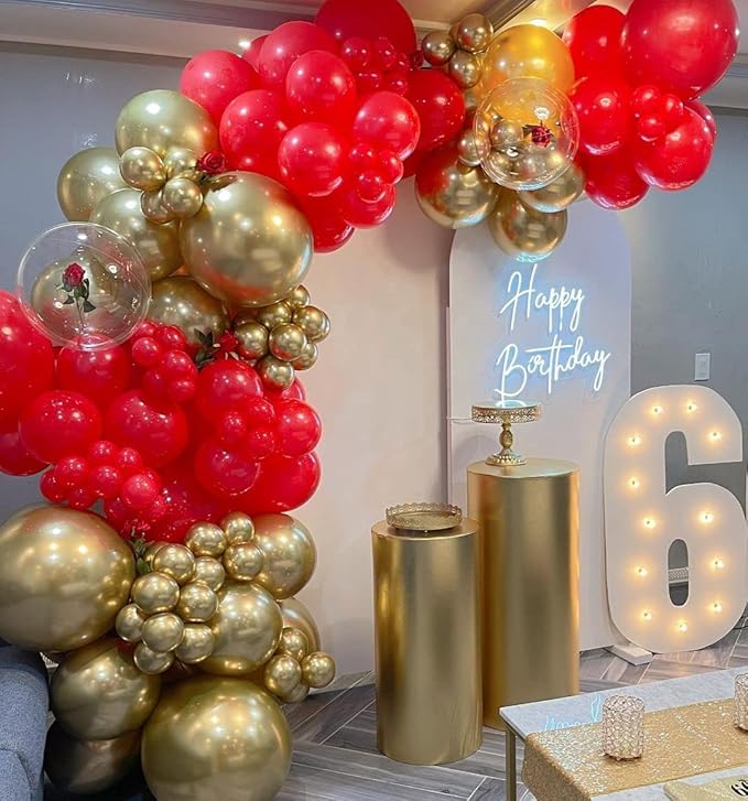 Red and Gold Balloon Garland Kit, 124Pcs Balloons Arch Kit, Bright Durable Latex Balloons for Valentines, Wedding, Bachelorette, Birthday, Baby Shower, Engagements Anniversary Party Decorations