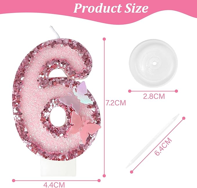 6th Birthday Candles，Glitter Butterfly Cake Toppers Pink Sequins Wedding Numeral Cupcake Decorations，Suitable for Girl and boy Wedding Cakes, Party Celebrations, Birthday Decorations