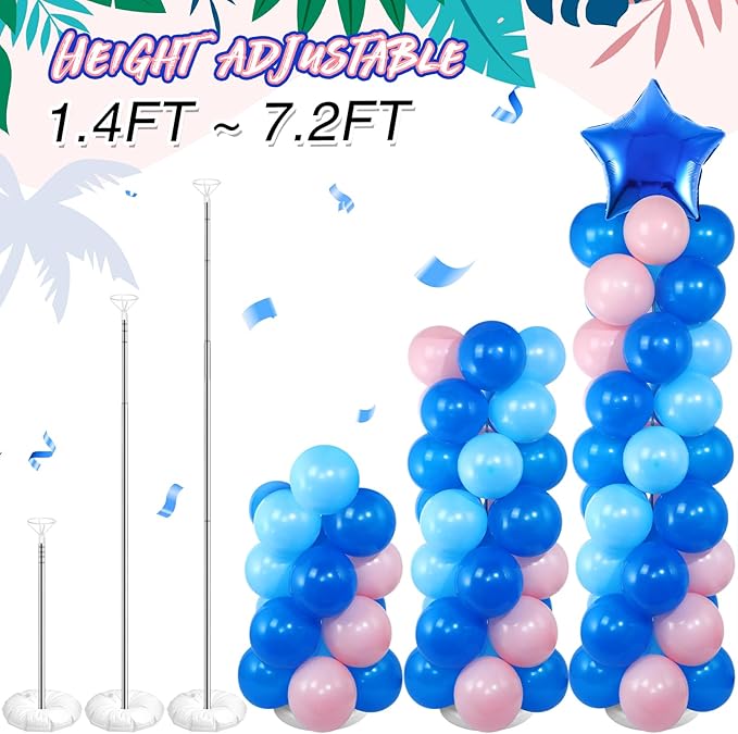 Seematn 2 Sets Pastel Blue and Pink Balloon Column Stand Kit with 2 Cartoon Star Balloons 105 Latex Balloons, Adjustable Balloon Stands for Hawaii Gender Reveal Baby shower Birthday Decor(Classic)