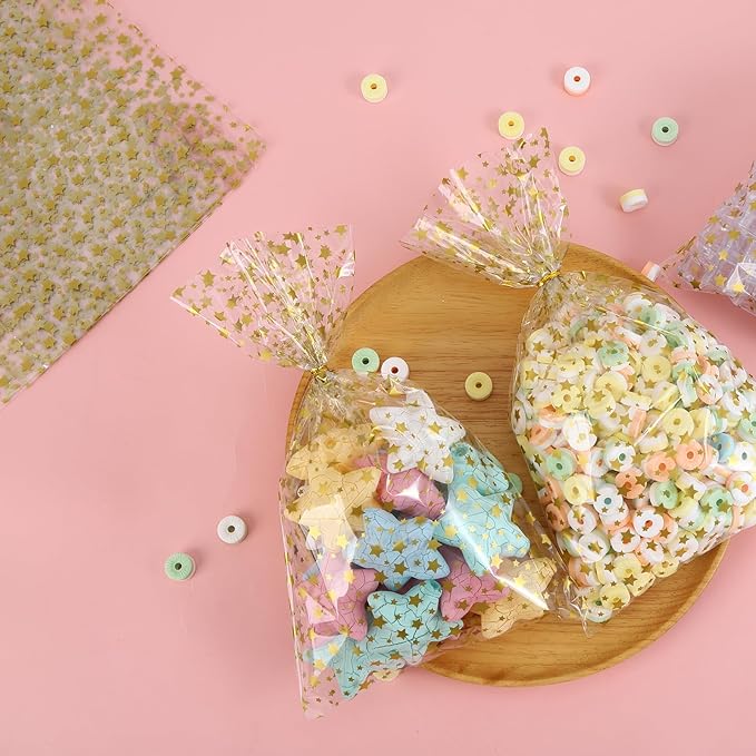 50 Pcs 12"x16" Clear Cellophane Treat Bags with 50 Twist Ties, Gold Cellophane Gift Bags, for Cookies, Candy, Bakery, Birthday, Wedding, Valentine's Day, Baby Shower & Holiday Party Favors