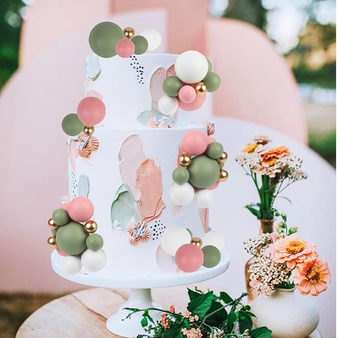 52 Pcs Ball Cake Decorations - Pink Green White Gold Ball Dessert Picks Cake Cupcake Toppers, Birthday Party Baby Shower Gender Reveal Cake Supplies