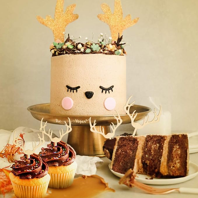 AUMIO Deer Cupcake Toppers Wooden Baby Shower Woodland Antler Cake Picks Party Decorations Wedding Hunting Boho Rustic Country Birthday Party Supplies Set of 24