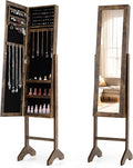 Giantex Jewelry Armoire with Full Length Mirror, Freestanding Jewelry Organizer Cabinet with Ring Slots, Earring Holders, Necklace Hooks & Storage Shelves for Bedroom (Rustic Brown)