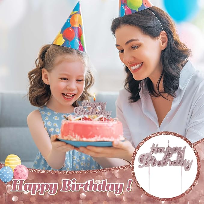MTLEE Happy Birthday Candles Letter Cake Topper with 10 Pcs 2.95 Inch Short Thin Spiral Candles for Cake Topper Birthday Decoration Party Supplies(Rose Gold)