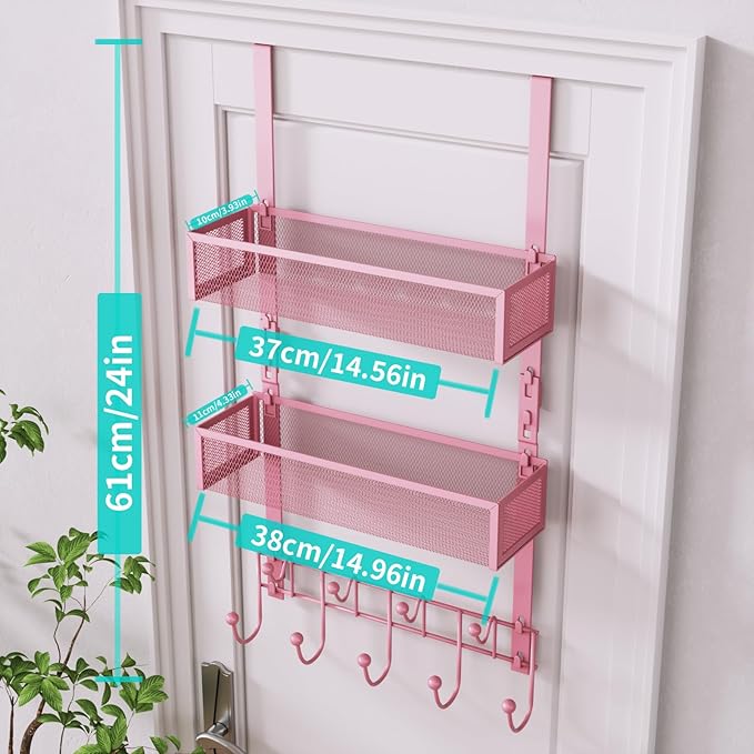 HapiRm Over The Door Hanger with Coat Hooks and 2 Baskets, Rustproof & Waterproof Pink Over The Door Hooks, Storage Organizer for Hats, Bathroom, Kitchen, Bedroom - Pink
