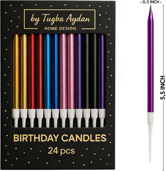 by Tugba Aydan - Rainbow Birthday Candles, 24 Pack, Long Thin Metallic Cake Candles with Holders, Colorful Candles for Cakes, Cupcakes & Parties