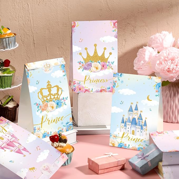 Nezyo 32 pcs Princess Prince Party Favor Bags Princess Themed Crown Castle Bags include 4 Style Sticker Handles Candy Goodie for Gender Reveal Girl Boy Birthday Supplies
