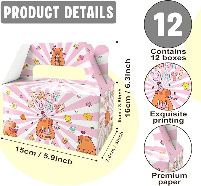 BGFMVS 12 Pack Pink Capybara Birthday Candy Boxes with Handles, Radiant Stripes Cake Gift Boxes for Adults Boys Girls Kids, Lovely Capybara Indoor Outdoor Birthday Party Favor Decorations