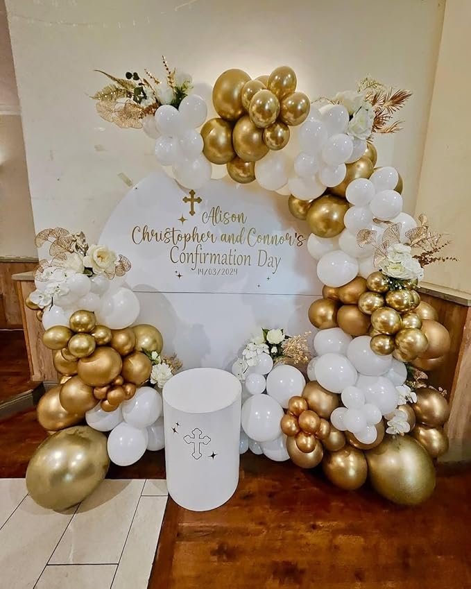 First Communion Balloons - White and Gold with God Bless Balloon Garland Arch Kit Different Size Balloons for First Holy Primera Communion Baptism Theme Party Decorations