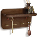 Key Holder Wall Mount, Solid Wood Key Holder for Wall with 4 Brass Hooks & Hidden Magnets, 15° Incline Hooks & Grooved Design to Prevent Slipping, Vintage Brown Key Hanger