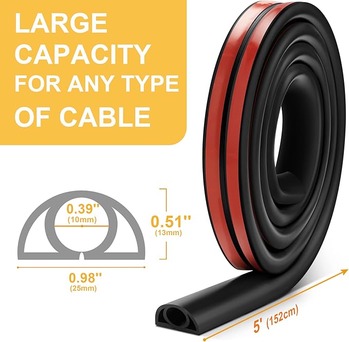 5ft Cord Cover Floor for Extension Cords, Floor Cable Cover, Self-adhesive Wire Cover to Protect Cables & Prevent Tripping, PVC Cord Hider Floor Cord Protector, Internal Channel Diameter: 0.39", Black