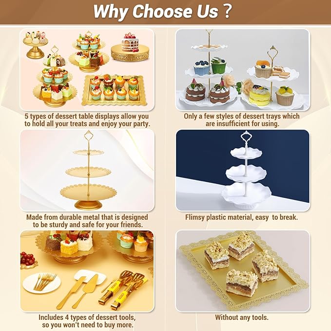 Cupcake Stand Set, Dessert Table Display Set Gold Metal Cake Stands with Tiered Tray Stands Cake Platter Cake Knife and Server Set for Party, Candy Table Display Set for Wedding Birthday Baby Shower