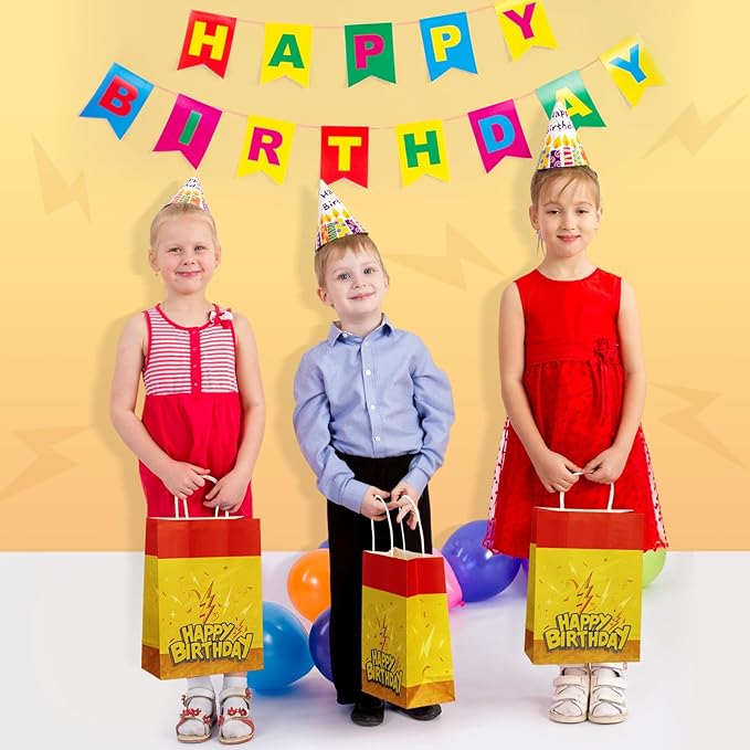 Oudain 24 Pcs Cartoon Animation Party Favor Bags Red Yellow Goodie Treat Gift Bags with Handle Paper Candy Packing for Birthday Lightning Pattern Theme Supplies Baby Shower Decorations