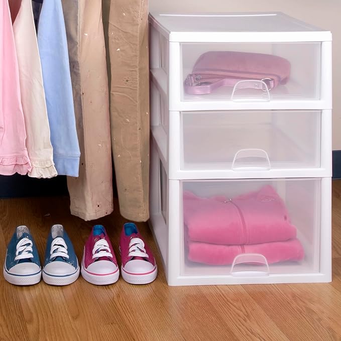 Sterilite 6-Pack 16 Quart Stacking Drawer, Clear Storage Closet Organizer, White Frame - Stackable Modular Plastic Drawers for Clothes, Accessories, Craft Supplies, Shoes or Linens