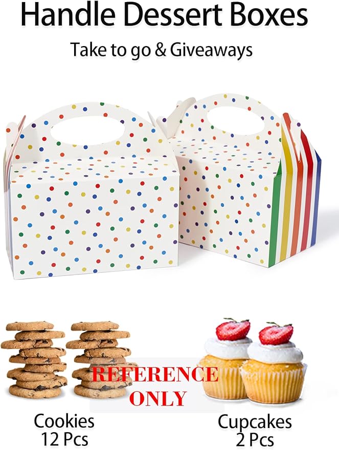 Happyhiram 50 Pcs Rainbow Party Favor Boxes for Kids Birthday Box, Polka Dot and Striped Colorful Birthday Goodie Treat Boxes with Handles 6" Gable Boxes Colorful Candy Boxes Paper Gift Boxes