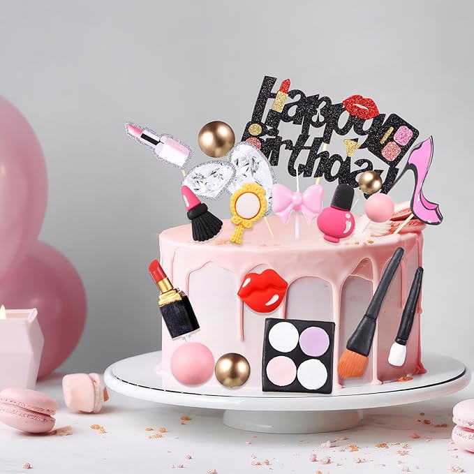 Beeveer 42 PCS Makeup Cake Topper Decorations Cosmetics Theme Bridal Cake Topper Party Lipstick Perfume Picks for Bridal Shower Birthday Partys