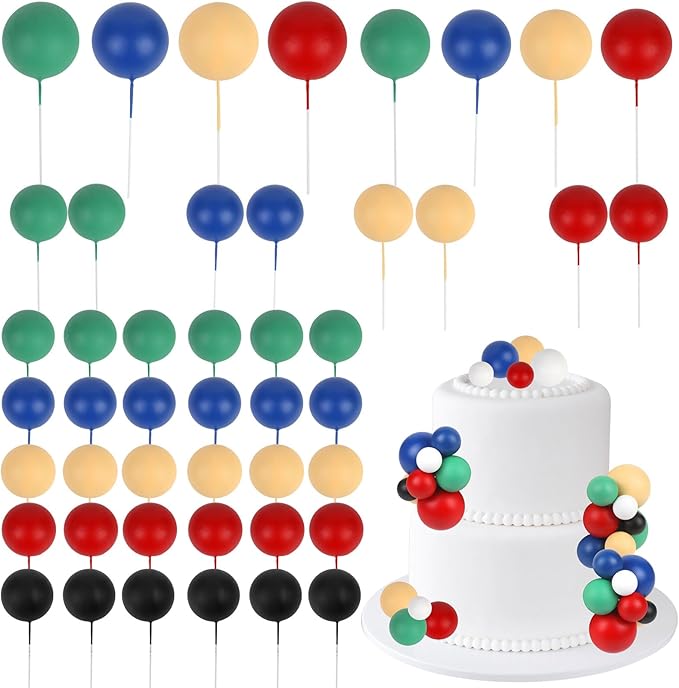 52 Pcs Ball Decorations - Red Green Blue Yellow Black White Dessert Picks Cake Cupcake Toppers for Birthday Party Baby Shower Gender Reveal Supplies