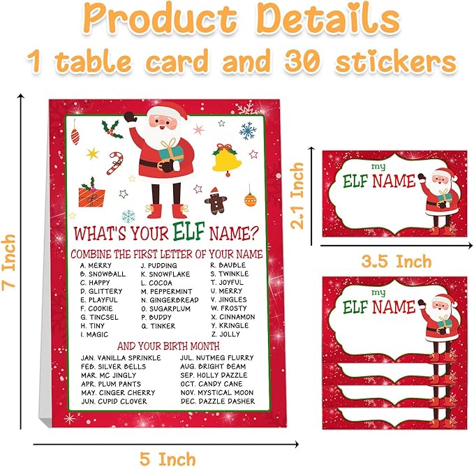 What's Your ELF Name Game, 1 Sign & 30 Stickers, Christmas Party Activity for Family, Kids & Adults