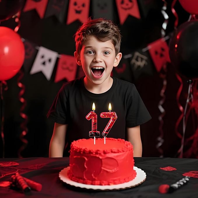 Red Number 17 Birthday Candle for Cake – Dark Horror Style with Alphabet Print & Shadow Design – Unique Cake Topper for Birthday, Anniversary, Themed Party Decoration