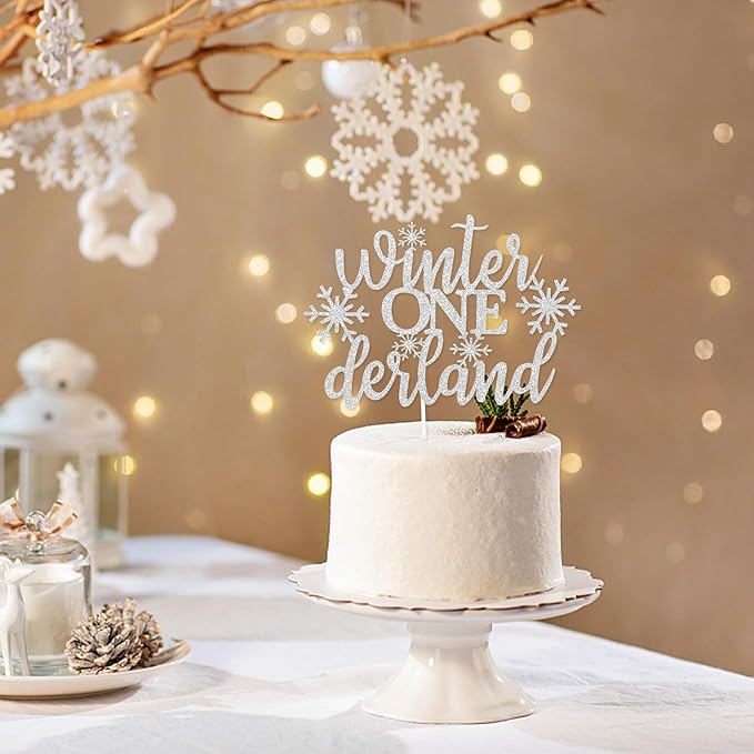 TeePolly Silver Glitter Winter Onederland 1st Birthday Cake Topper - 1 Pc, 6.6" x 4.8" - Silver