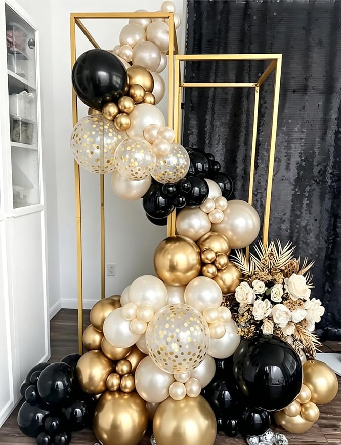Black Gold White Balloon Arch Garland Kit - Double Stuffed Pearl White Balloons with Black, Gold & Confetti Balloons for Wedding, Bridal Shower, Birthday, Graduation Party Decorations