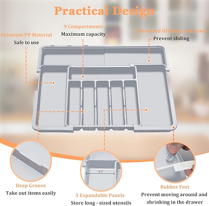 Silverware Organizer Expandable Kitchen Drawer Organizer Adjustable 22"x 19" Utensil Organizer with Rubber Feets Cutlery Drawer Organizer for Spoons Forks Knives Kitchen Organizers and Storage Grey