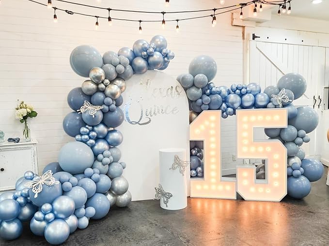Dusty Blue Balloon Arch Kit, 102pcs Light Blue and White Difference Sizes Latex Balloons with 16ft Tape Strip & Dot Glue for Baby Shower, Birthday, Anniversary,Wedding Decoration