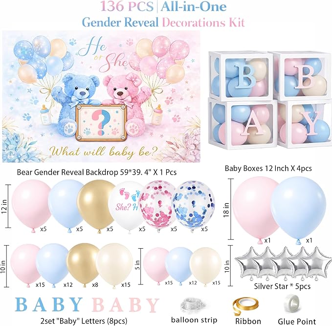 Baby Gender Reveal Decorations Kit, Bear Theme Balloon Garland with Backdrop, 136 PCS He or She Gender Reveal Party Supplies With 4Pcs Baby Boxes for Pink and Blue Baby Shower
