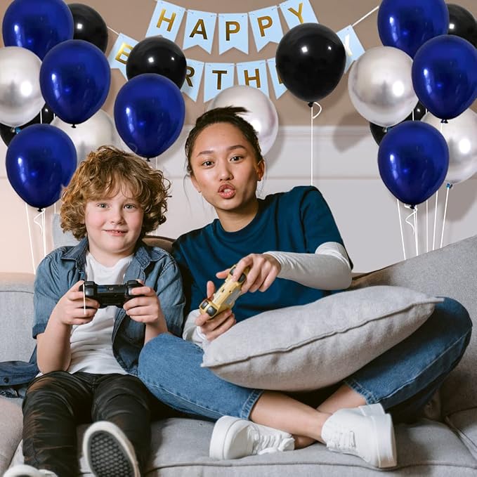 Dark Blue, Navy Blue Black Silver Balloon Garland Kit - Dark Royal Blue Black Balloons Metallic Silver Balloons for Men 30th 40th 50th Birthday Video Game Graduation Retirement Party Decorations